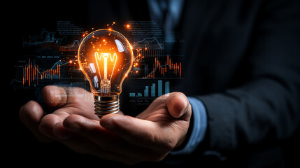 Aufkleber - Innovative businessman holding glowing lightbulb, symbolizing creativity and ideas, with data graphs in background