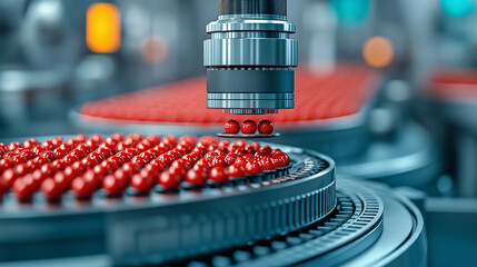 Poster - close up cinematic shot of robotic conveyor system handling red spheres, showcasing advanced technology in modern industrial setting. scene conveys precision and efficiency