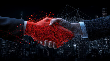 Poster - close up of two hands shaking, symbolizing partnership and collaboration, with digital network overlay representing technology and innovation