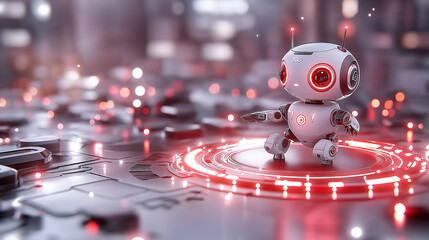 Poster - humanoid robot with advanced AI features stands on futuristic circuit board, illuminated by red lights, showcasing its technological sophistication and charm