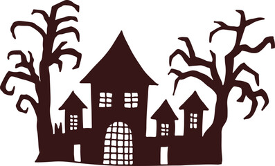 Spooky house silhouette. Crooked trees halloween decoration