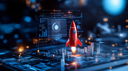 Poster - vibrant depiction of digital workspace showcasing red rocket launching amidst data analytics and futuristic city elements, symbolizing innovation and growth