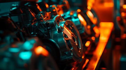 Wall Mural - vibrant image of intricate machinery components illuminated in orange and teal light. captures the e