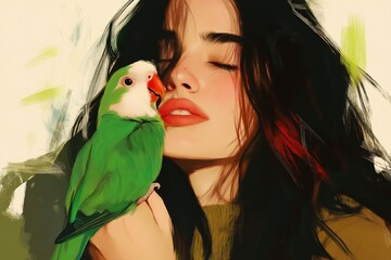 Wall Mural - A woman holding a parrot, with the bird drawn in vibrant green contrasting against a muted background