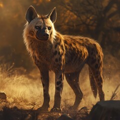 a spotted hyena stands in the golden light of sunset, dust swirling around its paws.