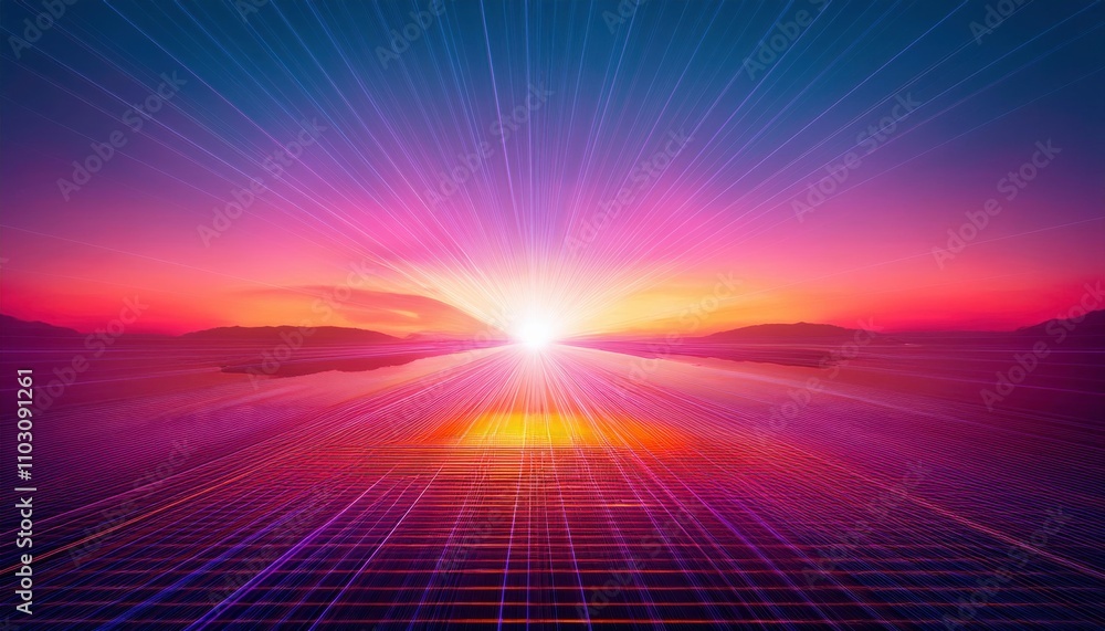 Sunrise Radiance: A radiant sunrise paints the sky with vibrant hues of pink, purple, and orange, casting a mesmerizing glow over a serene landscape. The sun's rays pierce through the clouds.