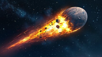 Wall Mural - colorful asteroid breaking apart near a planet in space