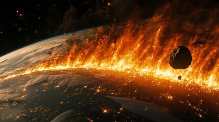 Wall Mural - fiery asteroid passing close to earth with intense heat