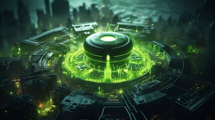 Wall Mural - A conceptual image depicting the glowing green core of nuclear energy at the heart of a complex technological ecosystem