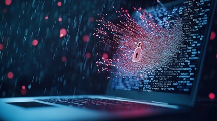 Wall Mural - a close up shot of a laptop screen displaying lines of encrypted code flowing across a dark backgrou