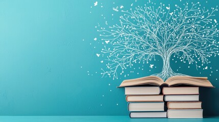 Wall Mural - a tree with roots growing into a network of interconnected books, symbolizing the foundation of know