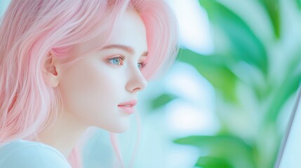 A young female developer with brightly colored hair working intently on her laptop in a modern office, surrounded by plants and natural light.