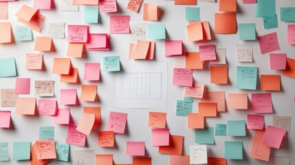 Wall Mural - a whiteboard covered in sticky notes and diagrams as a team brainstorms ideas and plans out their pr