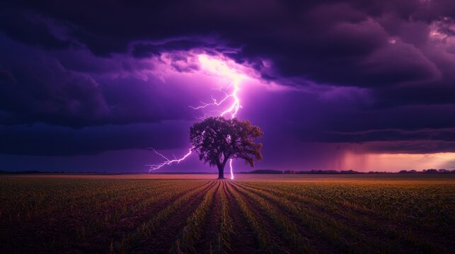 Powerful Lightning Bolt Striking an Open Field in Astounding Display of Nature's Energy