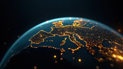Wall Mural - an aerial view of earth from space with glowing lines representing internet traffic and communicatio