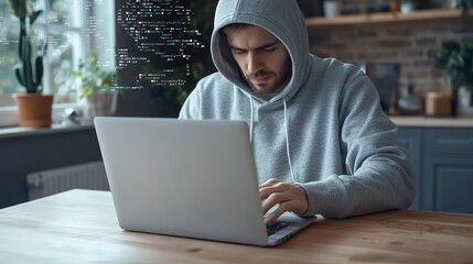 hooded man focused on laptop coding