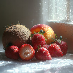 Fresh coconut, peaches, and strawberries glisten with water droplets, creating vibrant and refreshing display of fruit. sunlight enhances their natural colors and textures