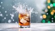 ©  lukaPixMedia - A glass of cola with ice dramatically splashes against a festive backdrop of bokeh lights, capturing the essence of freshness, celebration, and vitality.