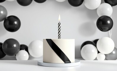 Minimalist birthday cake with a single bold black stripe set against a backdrop of minimalistic black and white balloons birthday backdrop Ultra realistic Photorealistic 