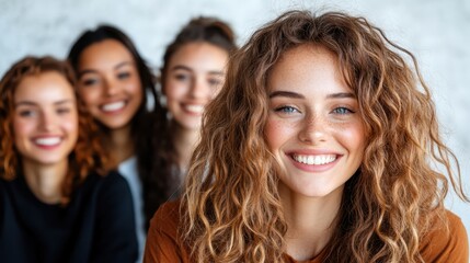 A cheerful young woman with natural curls beams in the foreground while a diverse group of friends share happiness and camaraderie, suggesting a strong bond and support.