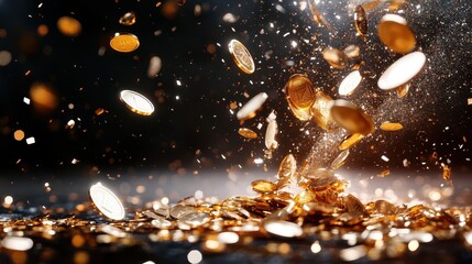 This image captures a vibrant scene of gold coins bursting through beams of light, creating an energetic and explosive visual that highlights wealth and action.