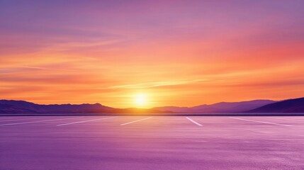 Poster - Vibrant sunset over an empty parking lot with mountains in the distance, AI