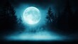 ©  lukaPixMedia - A serene yet mysterious moonlit night, with tall dark trees silhouetted against a glowing blue mist and a bright full moon, creating a tranquil atmosphere.