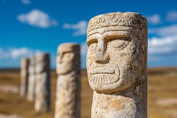 Ancient Stone Statues on Easter Island. Moai Sculptures Against Blue Sky and Desert Landscape. Historical Polynesian Monument. Archaeological Heritage Site with Copy Space