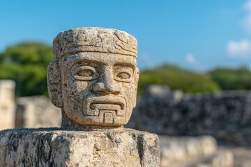 Ancient Mayan stone head carving at archaeological site. Pre-Columbian civilization artifact in Mexico. Historical Native American sculpture ruins with stone walls and blue sky background