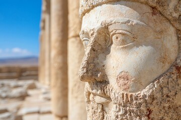 Ancient stone sculpture detail at historical archaeological site. Close-up of weathered carved face against blue sky. Mediterranean architectural heritage with desert landscape. With copy space