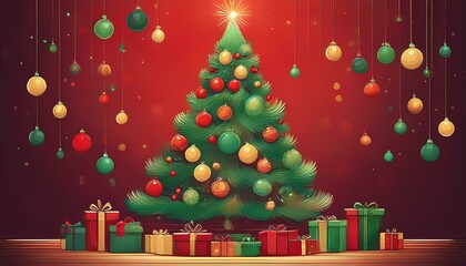 christmas tree with lights, baubles and gifts on a red background, square illustration