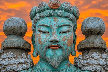 Serene Teal Asian God Statue Sunset Landscape