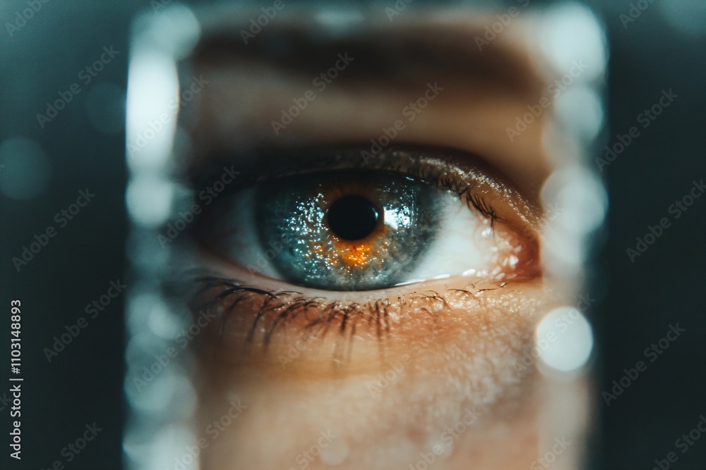 Extreme macro close-up of a bright blue human eye with amber center and ...