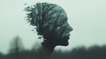 Double exposure silhouette profile merged with forest trees on mint green background. Surreal artistic portrait. Dream concept for meditation, mindfulness, psychology design with copy space