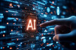 © Jearu - Eine Hand will einen digitalen Bildschirm mit dem Icon AI berühren, holografische Darstellung eines virtuelles Display, das mit künstlicher Intelligenz gesteuert wird, Alltag in der Zukunft