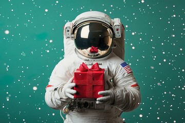 an astronaut in a white spacesuit and helmet holds a red christmas gift box in hands on a turquoise 