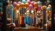 © meta - A colorful retail space with clothing displays and festive balloons for a celebratory atmosphere.