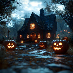 Wall Mural - Halloween background with pumpkins and haunted house - 3d render. halloween background with evil pumpkin. spooky scary dark night forrest.