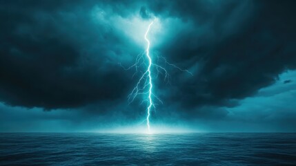 An intense lightning bolt strikes over the ocean, captured dramatically against a dark stormy sky. The scene contrasts the vibrant lightning with deep ocean tones.