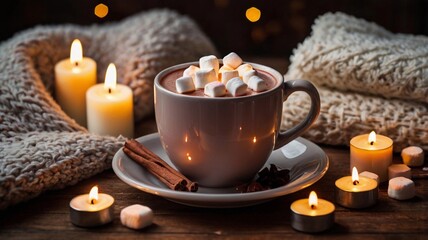 Wall Mural - A mug of hot chocolate with marshmallows on a wooden table