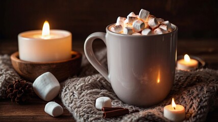 Wall Mural - A mug of hot chocolate with marshmallows on a wooden table