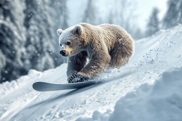 brown bear snowboarding down a snowy mountain slope in a winter forest, showcasing wildlife in extre