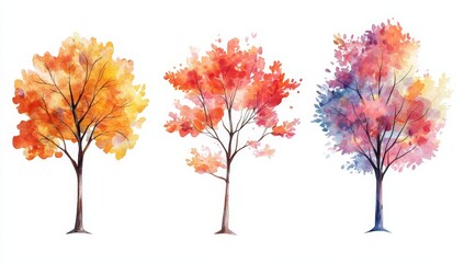 watercolor illustration of three trees in different colors orange, red and purple.