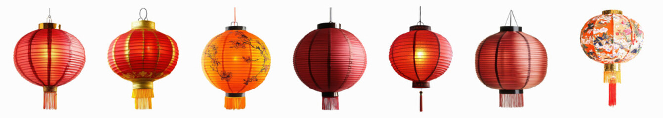 Aufkleber - A collection of traditional red and orange Chinese lanterns in various designs and patterns, each illuminated and hung against a plain white background.