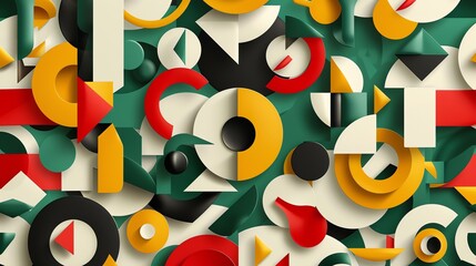Wall Mural - abstract geometric pattern with circles, squares, and triangles in bright colors on a green backgrou