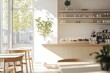 © ANZ studio - Minimalist cafe interior with wooden furniture, large window, and coffee equipment.