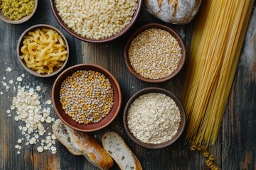 Wall Mural - A beautiful display of various grains and pasta against a rustic wooden background. These ingredients create a warm and inviting kitchen atmosphere. Generative AI