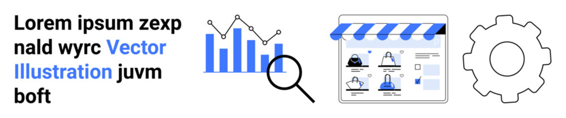 E-commerce platform preview with analytical graph, magnifying glass, store interface, and gear icon. Ideal for online business, market analysis, web development, e-commerce, data visualization SEO