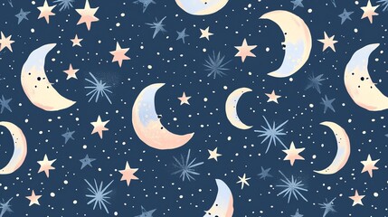 Wall Mural - A seamless pattern of crescent moons and stars on a dark blue background.