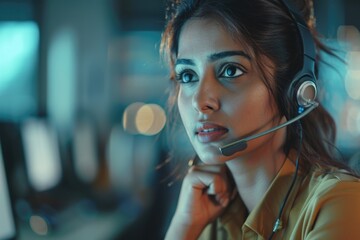 Wall Mural - Woman wearing a headset is sitting at a desk. She is looking at a computer screen. Concept of focus and concentration as the woman works on her tasks